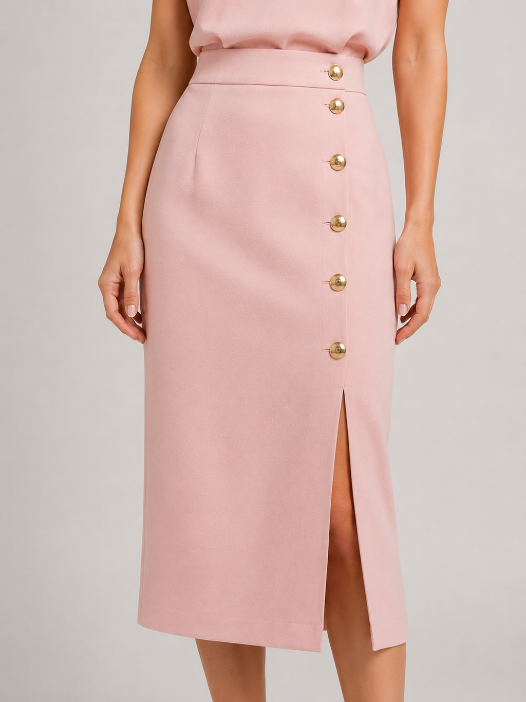 Reagan - Women’s Round Neck Midi Dress with Button Slit-Summer Push-Lyrasue-Light Pink-S-Lyrasue