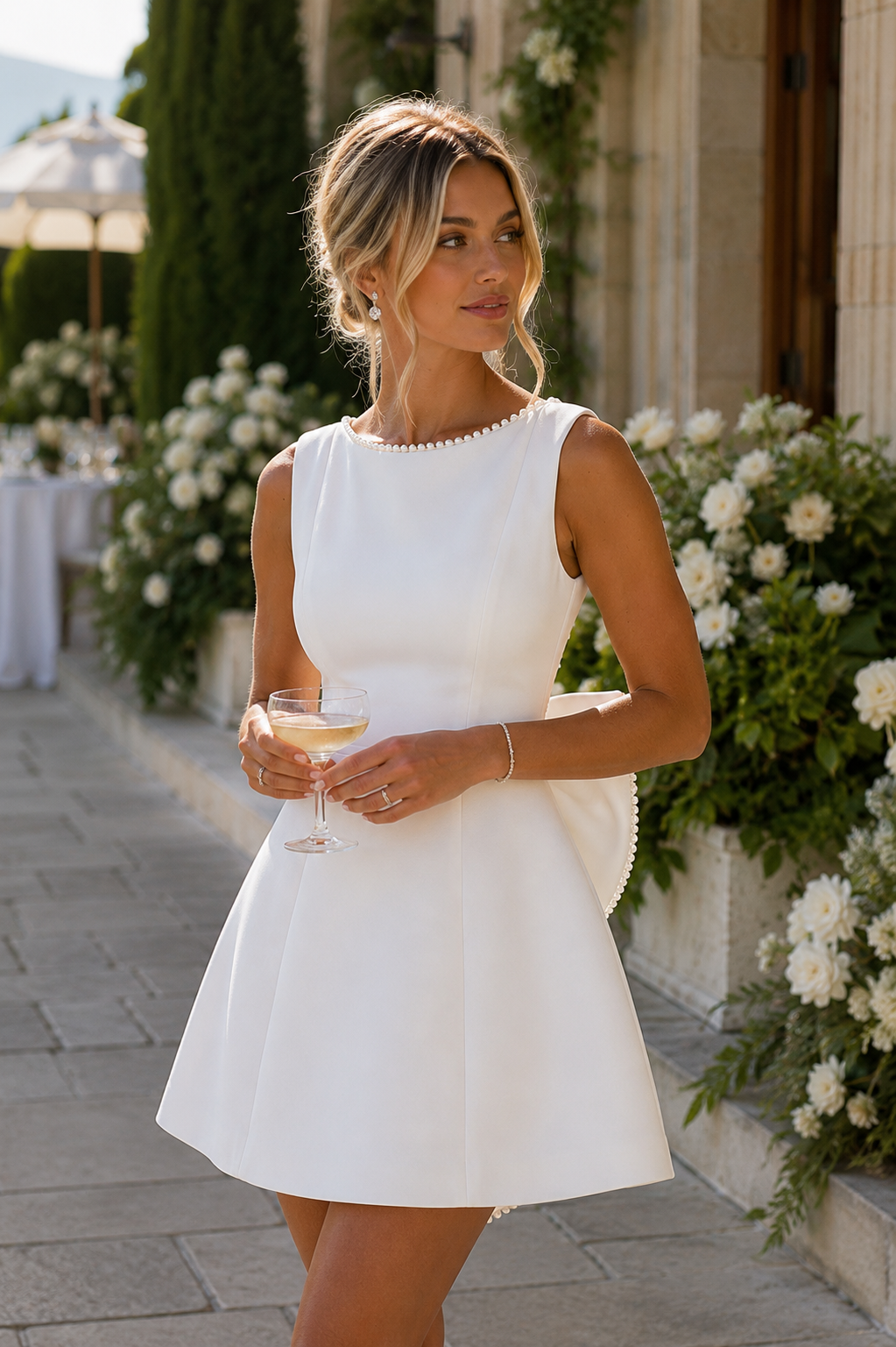Allison - Women’s Wedding Guest Mini Dress with Pearl Trim-Womens Dress-Lyrasue-Pink-S-Lyrasue