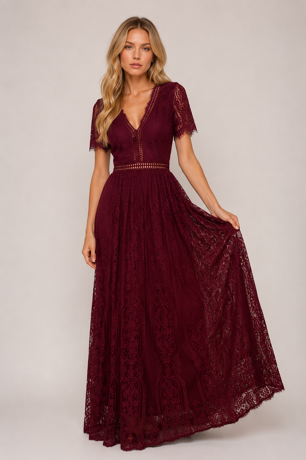 Keish - Women’s Formal Lace Detail Maxi Dress Elegant Short Sleeve-SS - Womens Dresses-Lyrasue-Wine red-S-Lyrasue