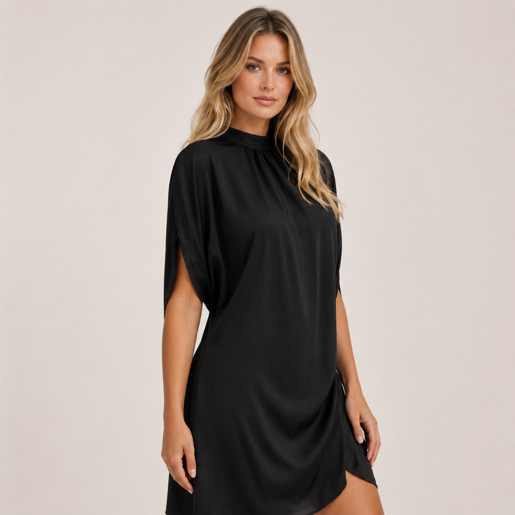 Valentina - Women’s Mock Neck Shift Mini Dress with Short Split Sleeves-Women's Shift Dress-Lyrasue-Black-S-Lyrasue