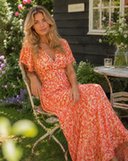 Michelle - Women’s Elegant Summer Floral Maxi Dress With Defined Waist-SS - Womens Dresses-Lyrasue-Orange-S-Lyrasue