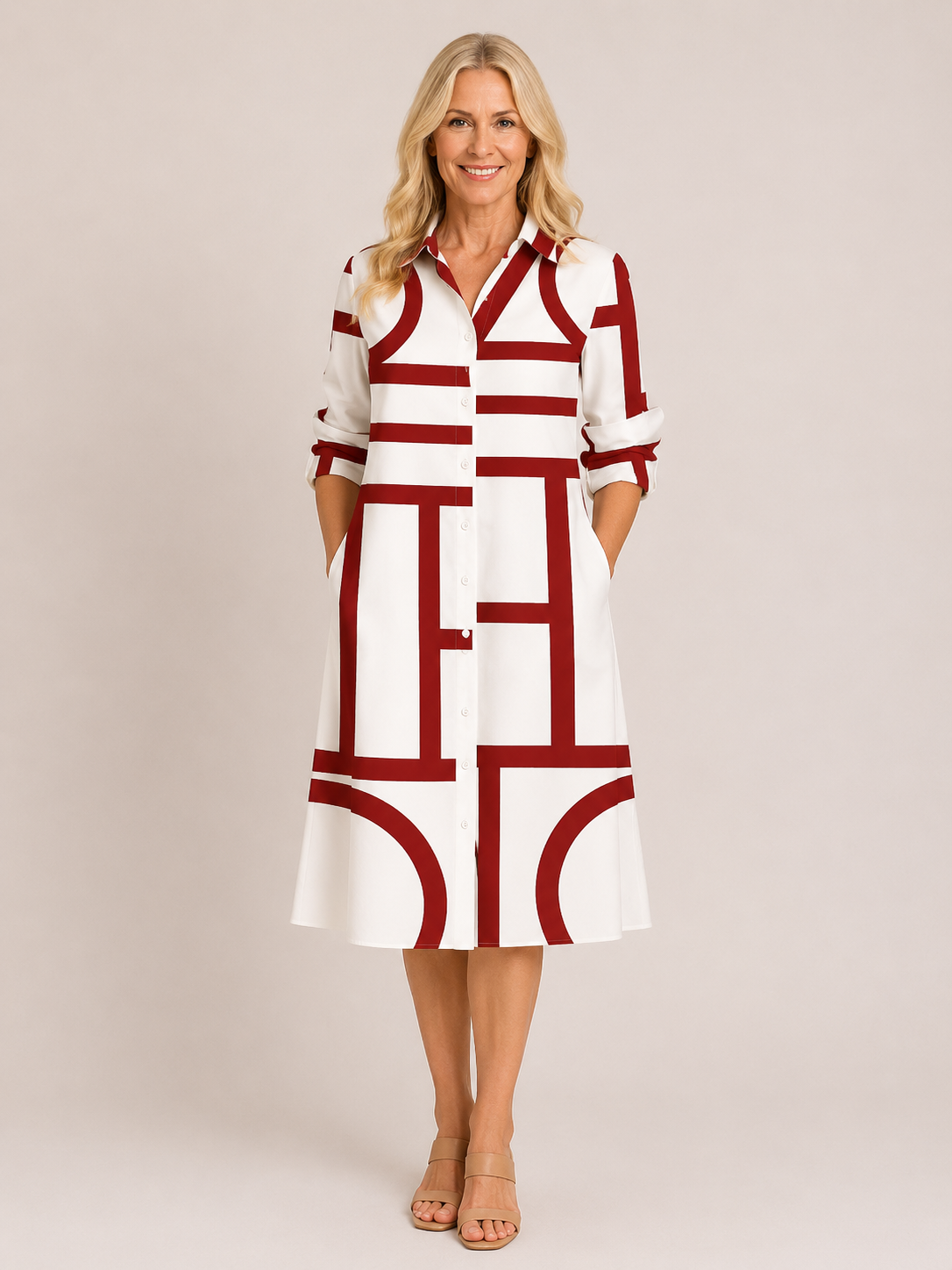 Brooke - Women’s Geometric Print Midi Dress with Pockets-Mode Femme Robe-Lyrasue-Red-S-Lyrasue