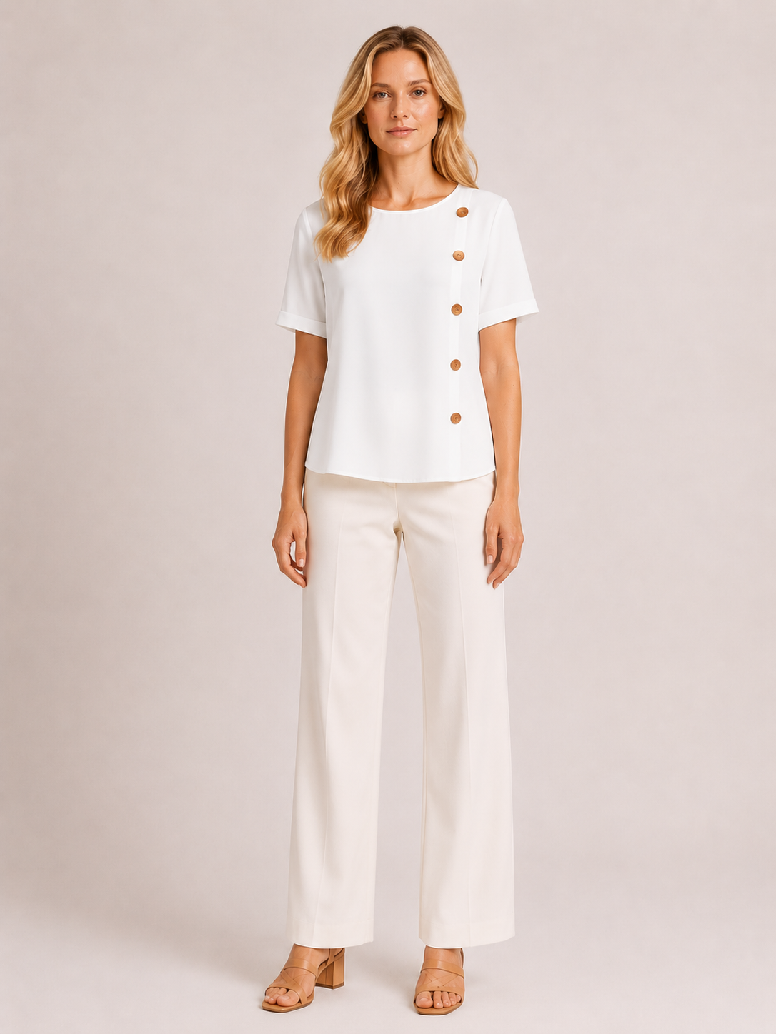 Cecillia - Women’s Short Sleeve Loose Fit Blouse with Side Button Detail-Women’s Blouse-Lyrasue-White-S-Lyrasue