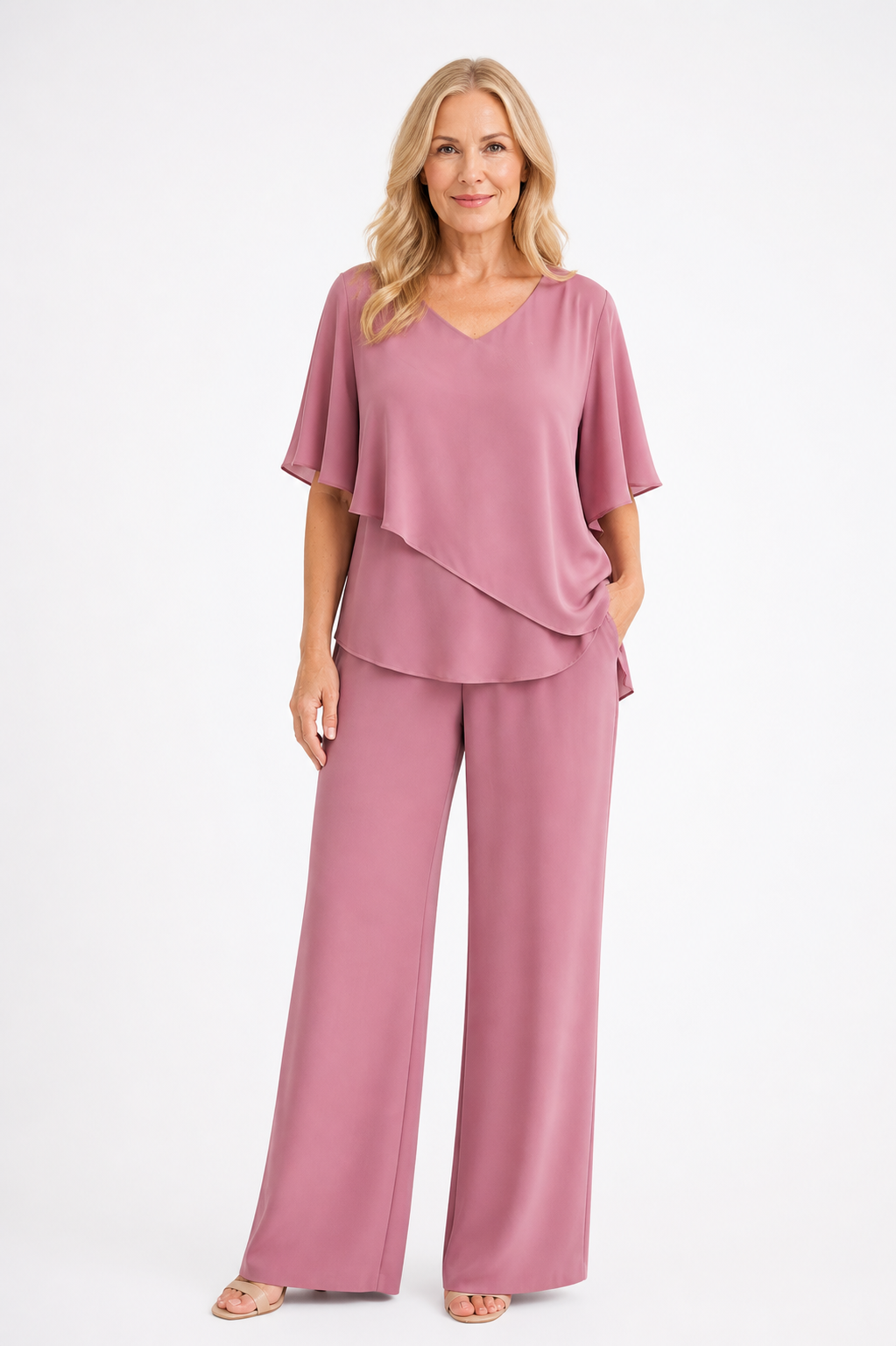 Nareily - Women’s Two Piece Set with V-Neck Batwing Top and Wide Leg Trousers-2 Piece Set-Lyrasue-Pink-XS-Lyrasue