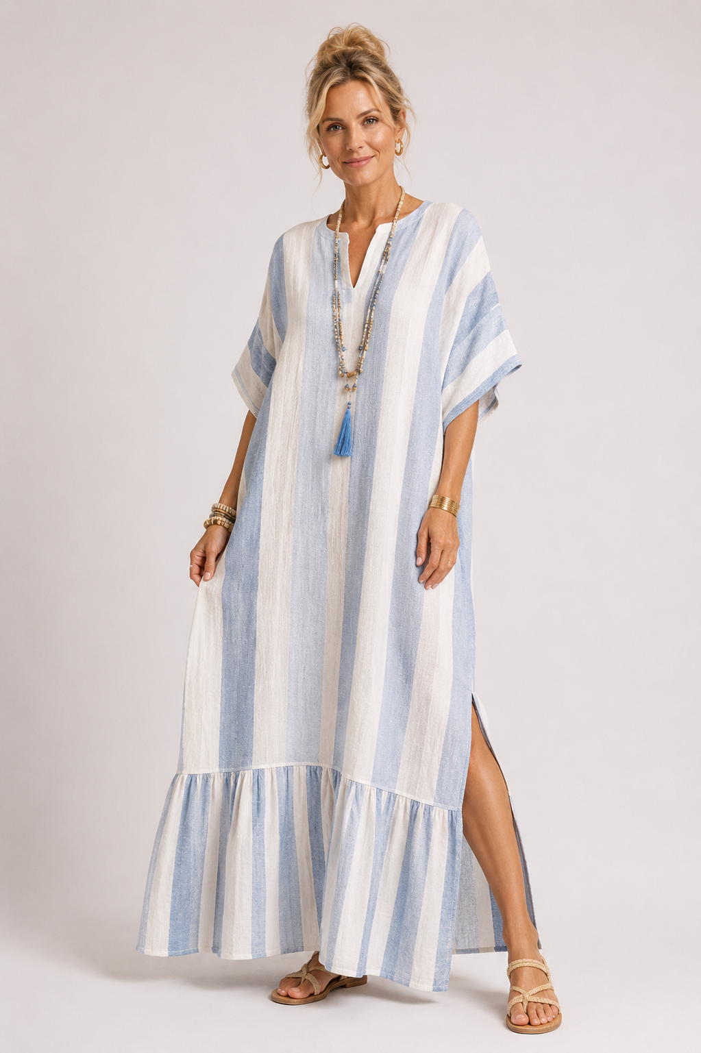 Scout - Women's V Neck Summer Kaftan Maxi Dress-Dress-Lyrasue-Blue white-S-Lyrasue