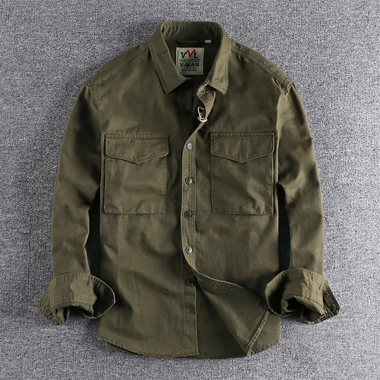 Denvy - Men's Utility Overshirt with Chest Pockets-Men Shirts Casual_shirts-Lyrasue-Military Green-M-Lyrasue