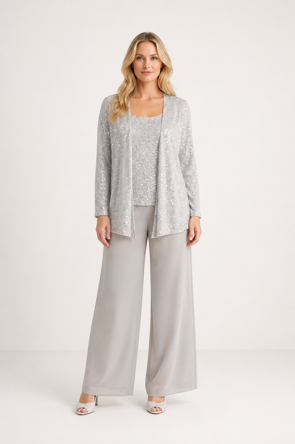 Desiree - Women’s Sequin Lace Three-Piece Trouser Suit Wide Leg Wedding Guest Set-Mother of the Bride Dresses-Lyrasue-Silver-XS-Lyrasue