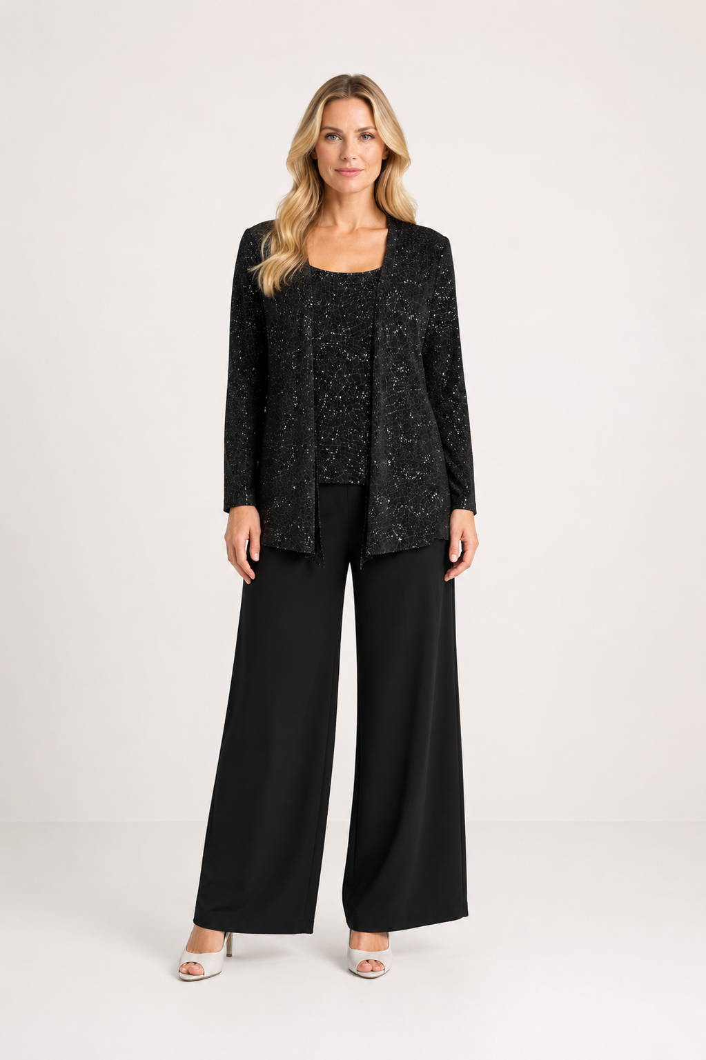Desiree - Women’s Sequin Lace Three-Piece Trouser Suit Wide Leg Wedding Guest Set-Mother of the Bride Dresses-Lyrasue-Black-XS-Lyrasue