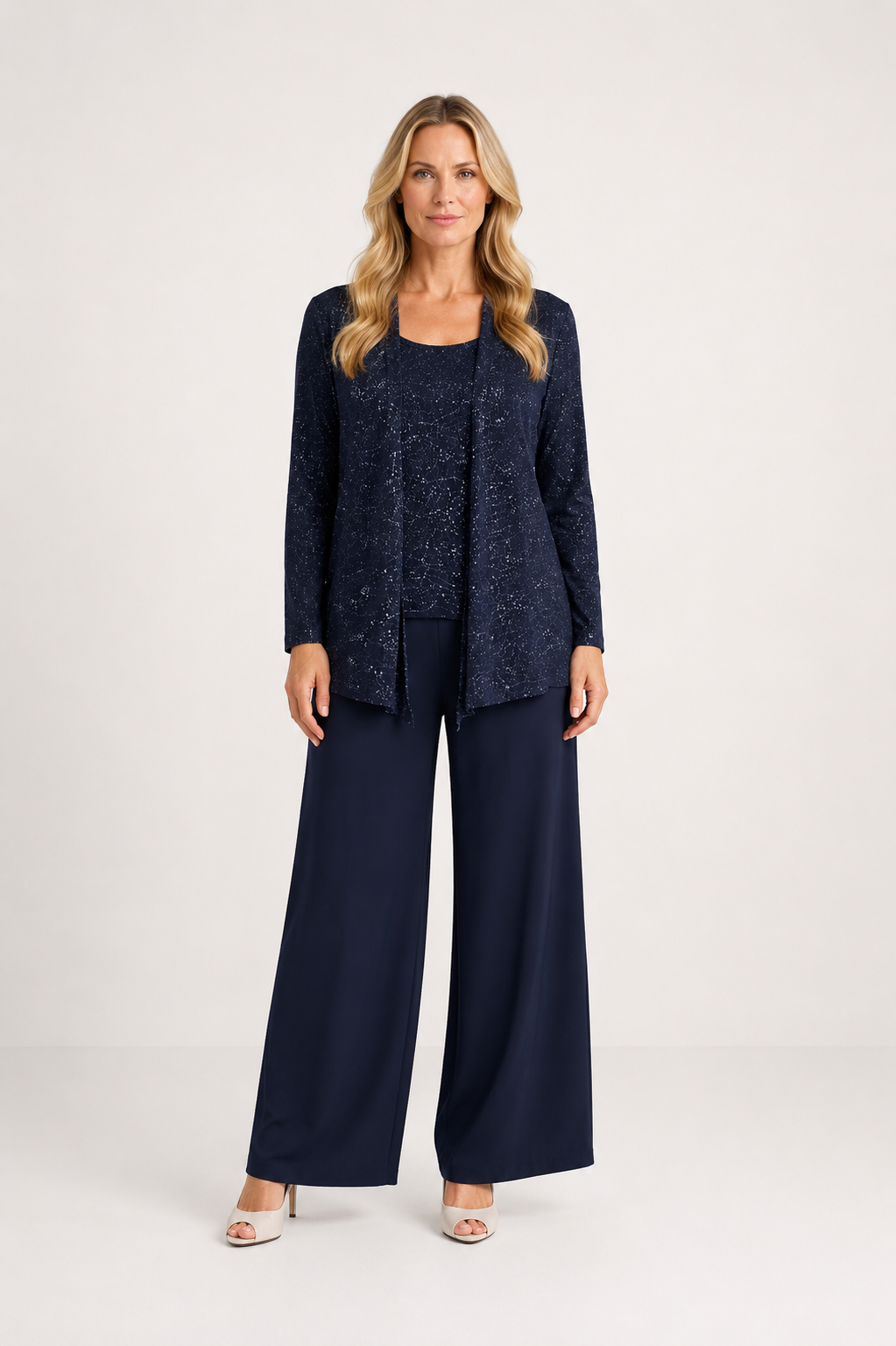 Desiree - Women’s Sequin Lace Three-Piece Trouser Suit Wide Leg Wedding Guest Set-Mother of the Bride Dresses-Lyrasue-Navy Blue-XS-Lyrasue