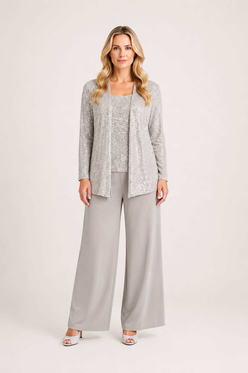 Desiree - Women’s Sequin Lace Three-Piece Trouser Suit Wide Leg Wedding Guest Set-Mother of the Bride Dresses-Lyrasue-Taupe-XS-Lyrasue