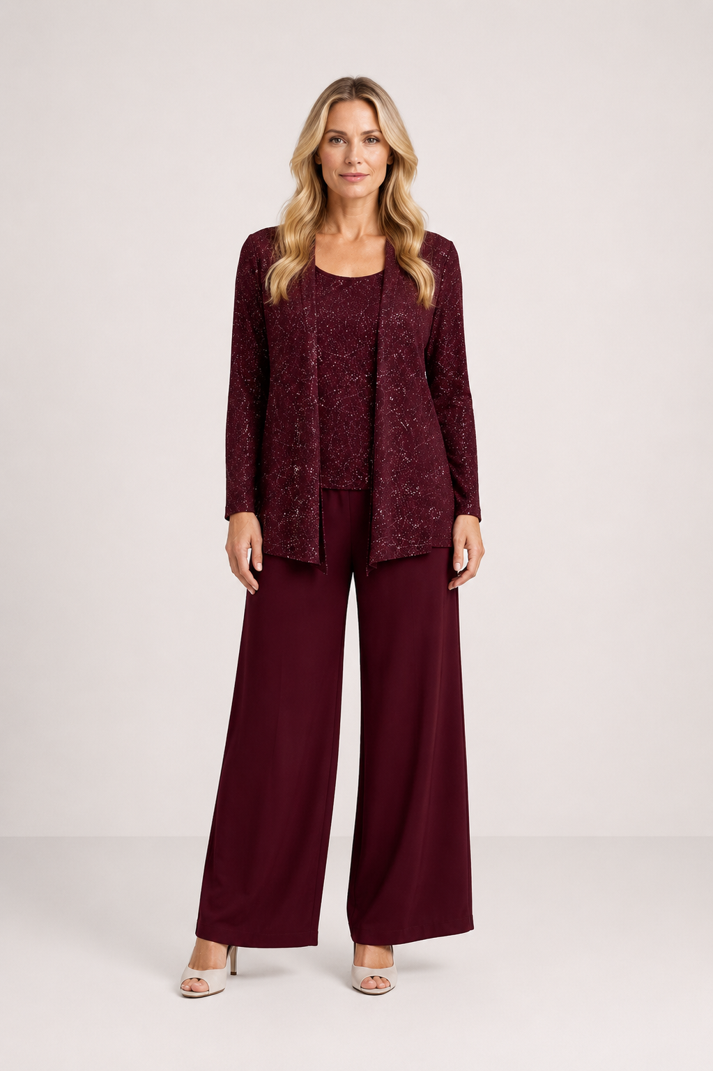 Desiree - Women’s Sequin Lace Three-Piece Trouser Suit Wide Leg Wedding Guest Set-Mother of the Bride Dresses-Lyrasue-Burgundy-XS-Lyrasue