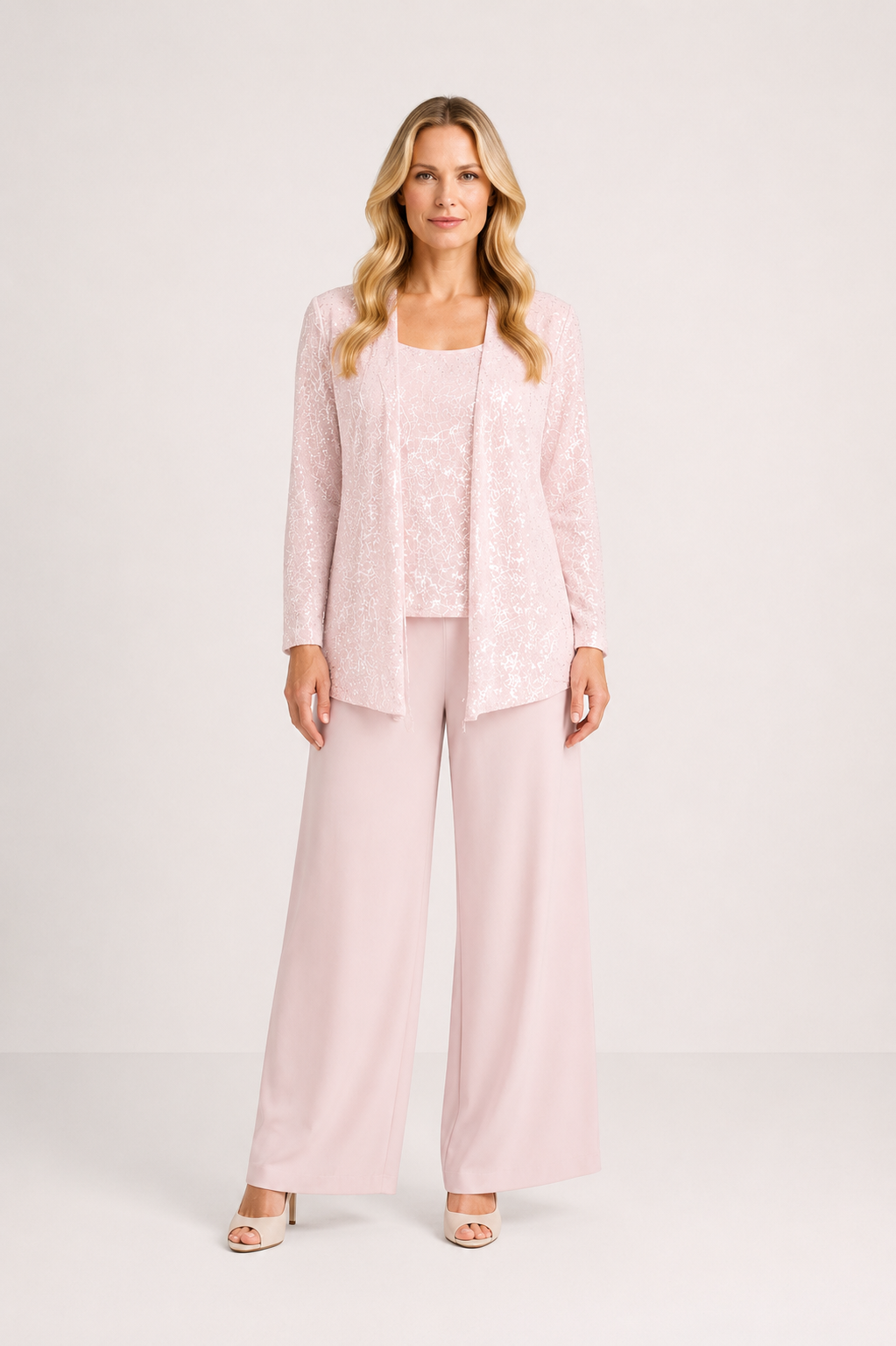 Desiree - Women’s Sequin Lace Three-Piece Trouser Suit Wide Leg Wedding Guest Set-Mother of the Bride Dresses-Lyrasue-Light Pink-XS-Lyrasue