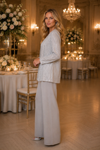 Desiree - Women’s Sequin Lace Three-Piece Trouser Suit Wide Leg Wedding Guest Set-Mother of the Bride Dresses-Lyrasue-Silver-XS-Lyrasue
