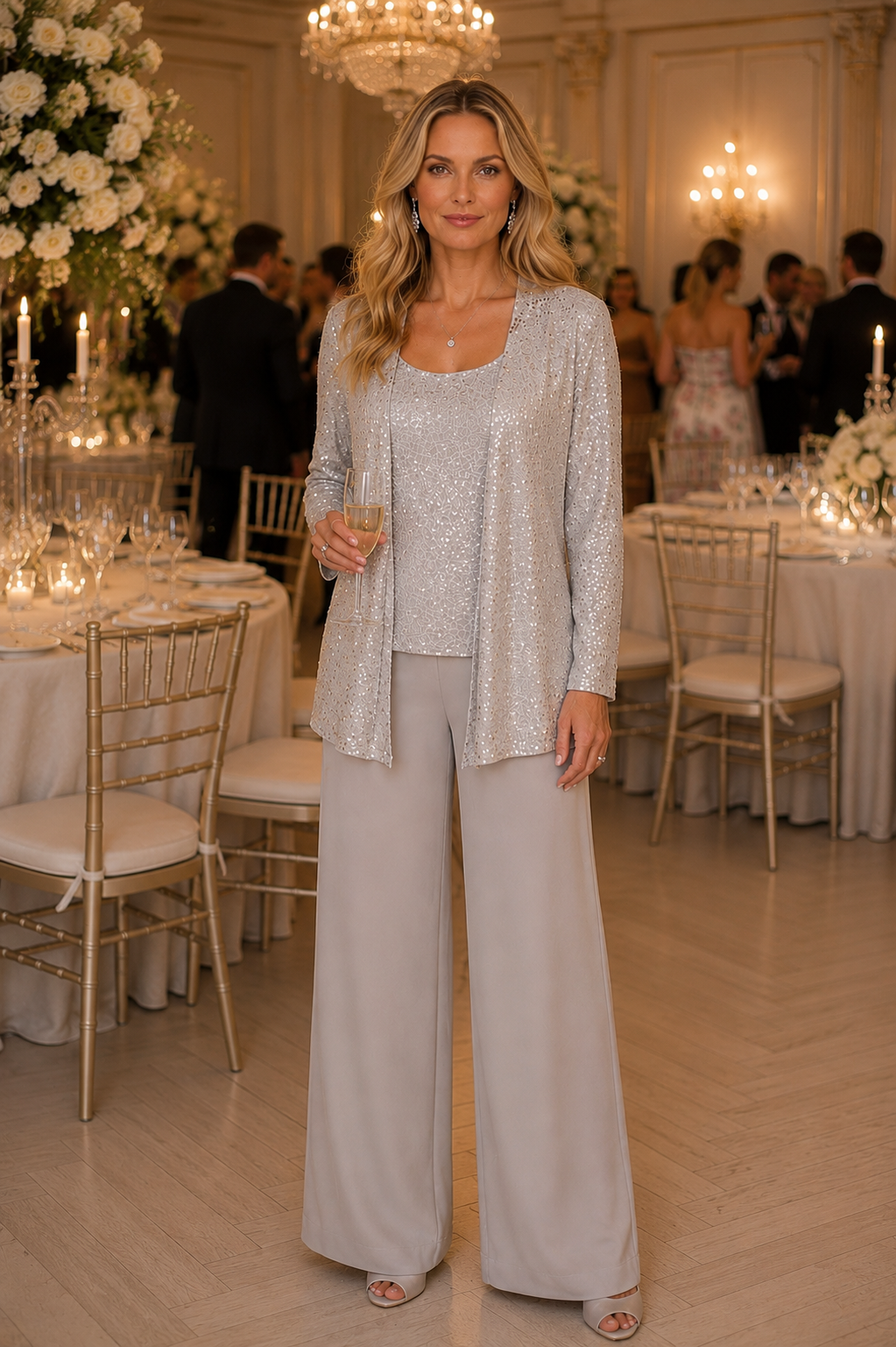Desiree - Women’s Sequin Lace Three-Piece Trouser Suit Wide Leg Wedding Guest Set-Mother of the Bride Dresses-Lyrasue-Silver-XS-Lyrasue