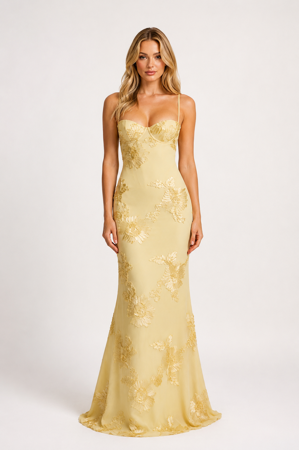 Destiny - Women’s Floral Appliqué Wedding Guest Maxi Dress with Spaghetti Strap-Lyrasue-S-Yellow-Lyrasue