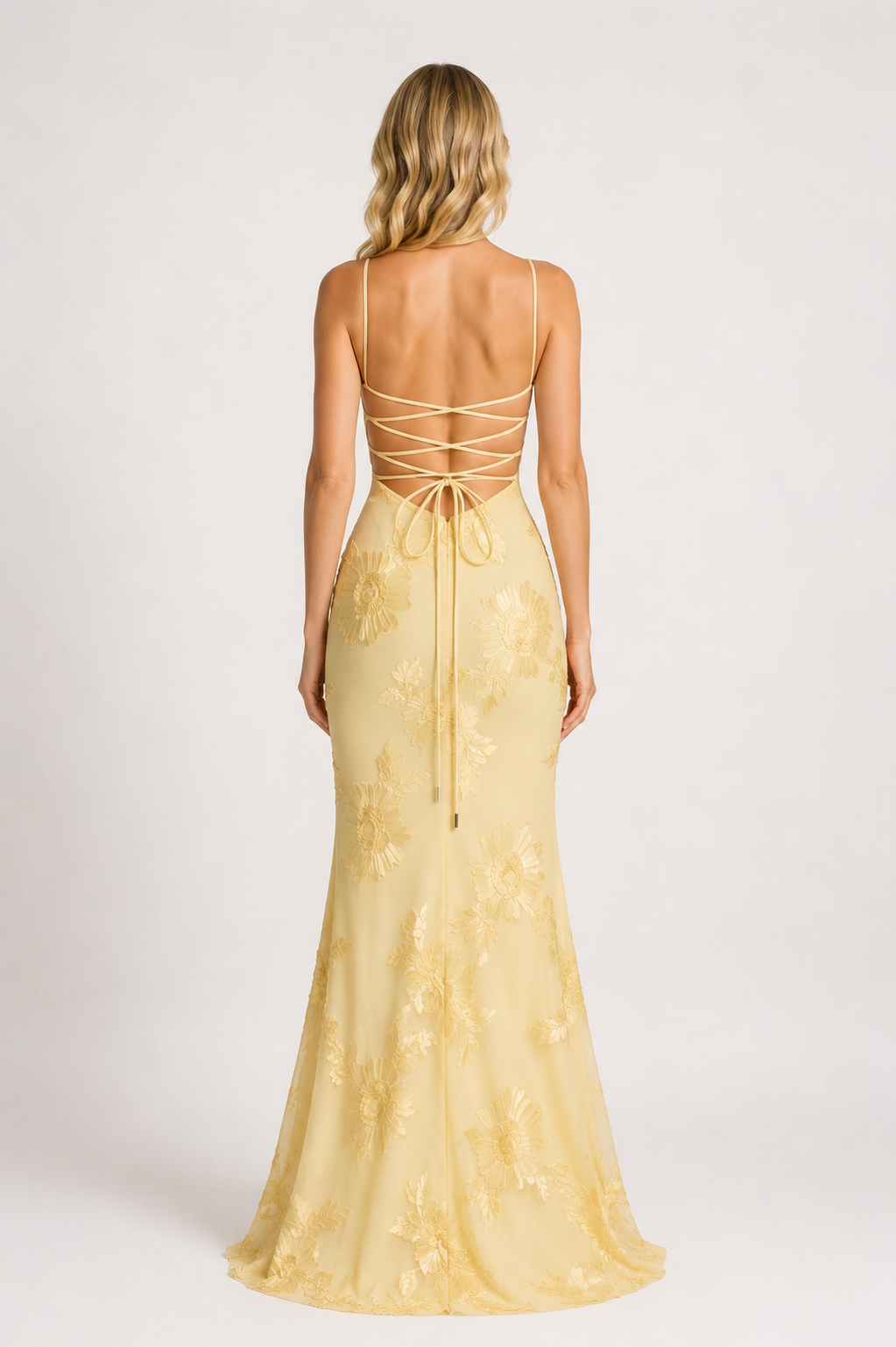 Destiny - Women’s Floral Appliqué Wedding Guest Maxi Dress with Spaghetti Strap-Lyrasue-S-Yellow-Lyrasue