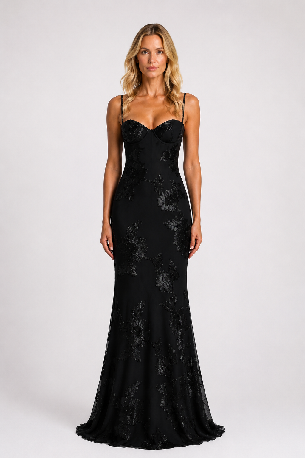 Destiny - Women’s Floral Appliqué Wedding Guest Maxi Dress with Spaghetti Strap-Lyrasue-S-Black-Lyrasue
