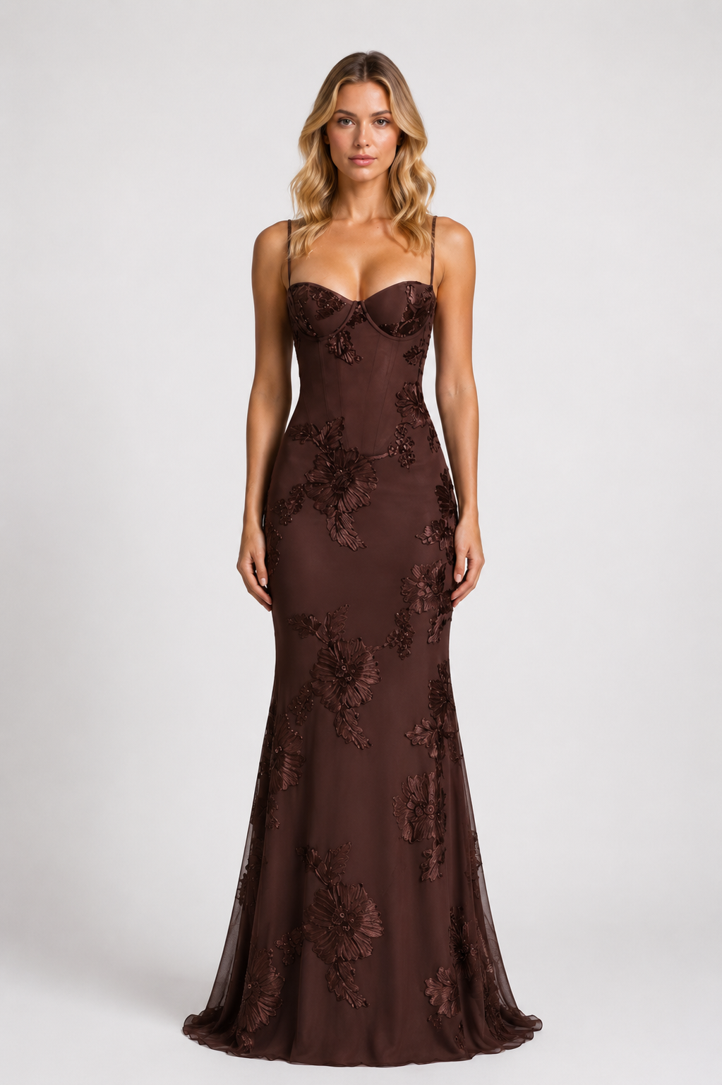 Destiny - Women’s Floral Appliqué Wedding Guest Maxi Dress with Spaghetti Strap-Lyrasue-S-Brown-Lyrasue