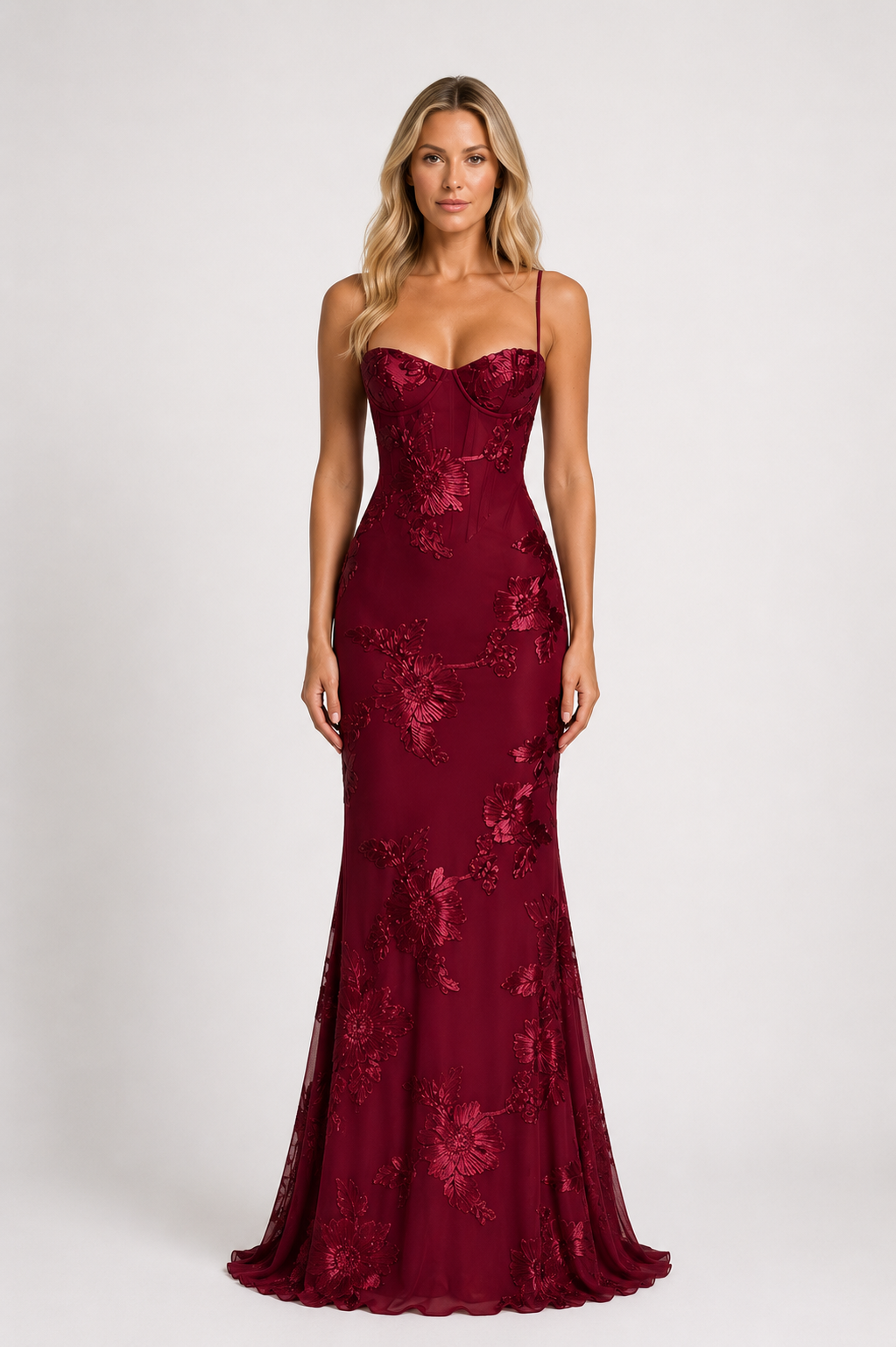 Destiny - Women’s Floral Appliqué Wedding Guest Maxi Dress with Spaghetti Strap-Lyrasue-S-Burgundy-Lyrasue