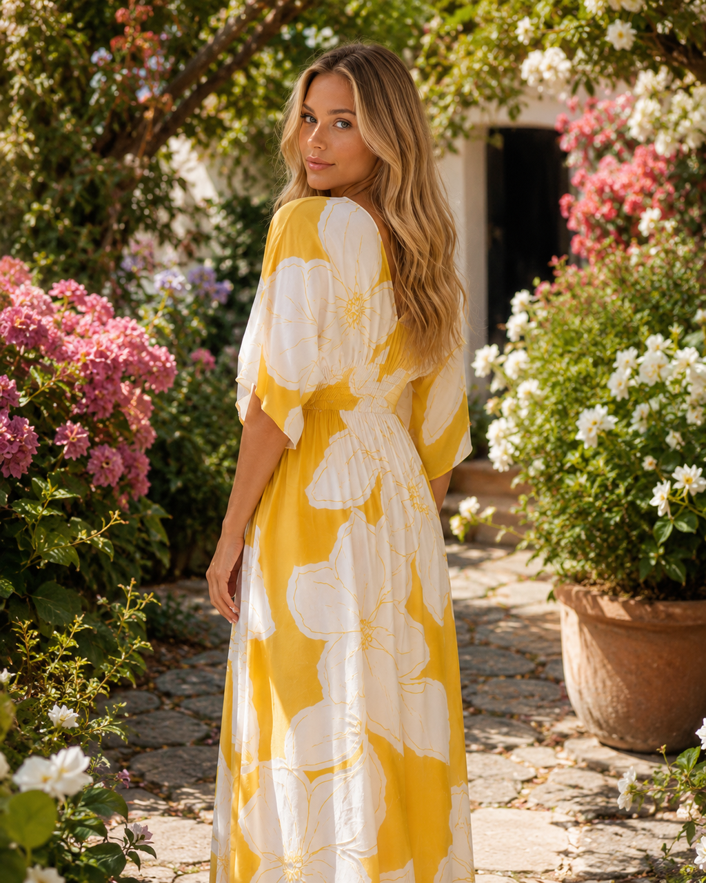 Trinaty - Women’s Floral Print Maxi Dress Elegant Contrast Detail Style-SS - Womens Dresses-Lyrasue-Yellow-S-Lyrasue