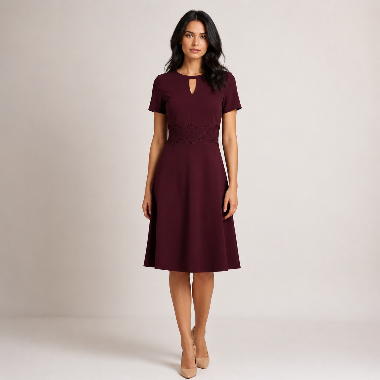 Piper - Women’s Elegant Lace Wedding Guest Midi Dress with Defined Waist-Women's Dress-Lyrasue-Red-S-Lyrasue