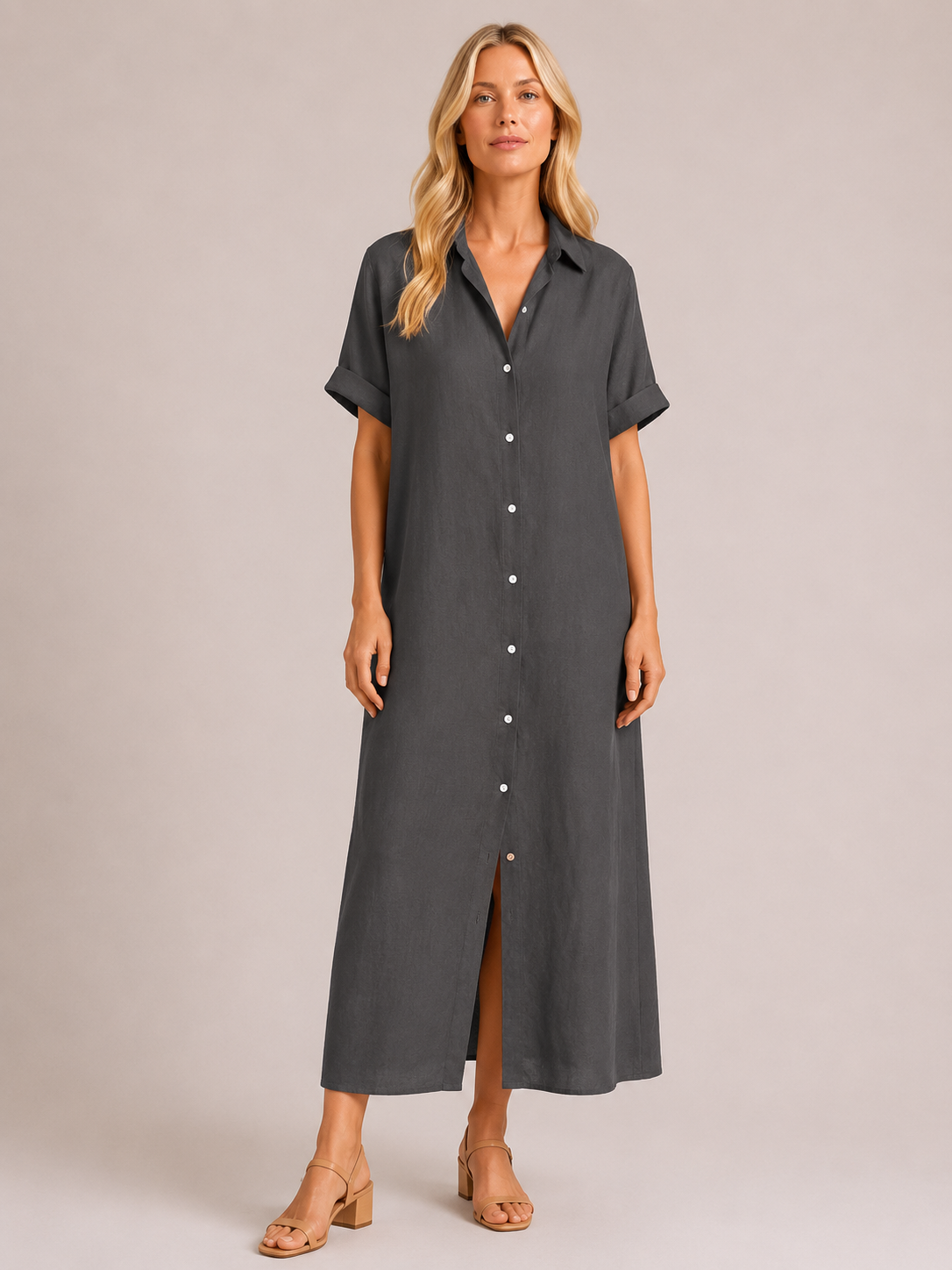 Iris - Women’s Cotton Summer Shirt Midi Dress-jurk-Lyrasue-Dark Grey-S-Lyrasue