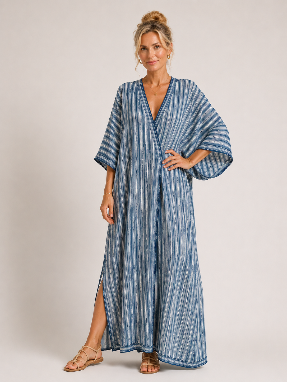 Scout - Women's V Neck Summer Kaftan Maxi Dress-Dress-Lyrasue-Blue stripes-S-Lyrasue