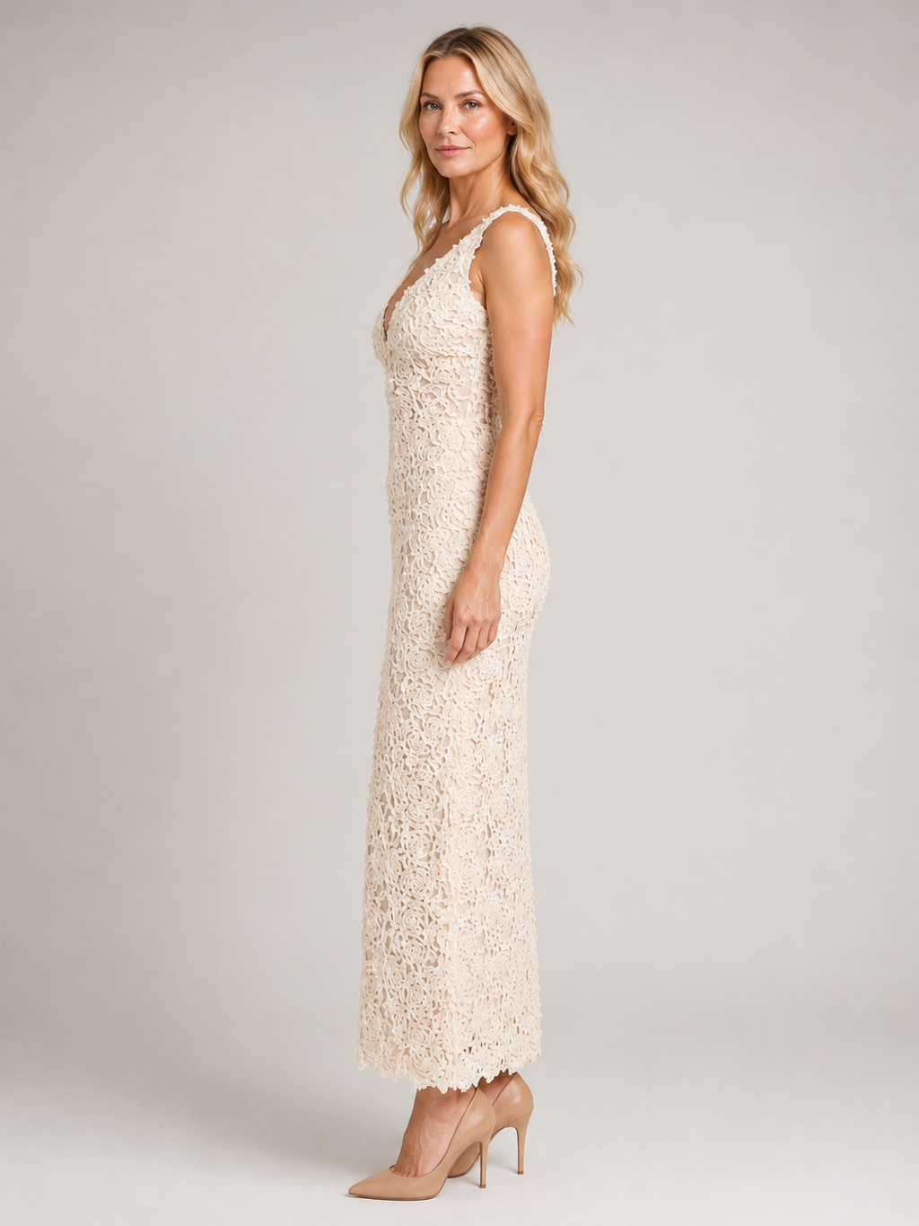 Women’s Elegant Floral Lace Midi Dress with Deep V-Neck-Midi Dress-Lyrasue-White-S-Lyrasue