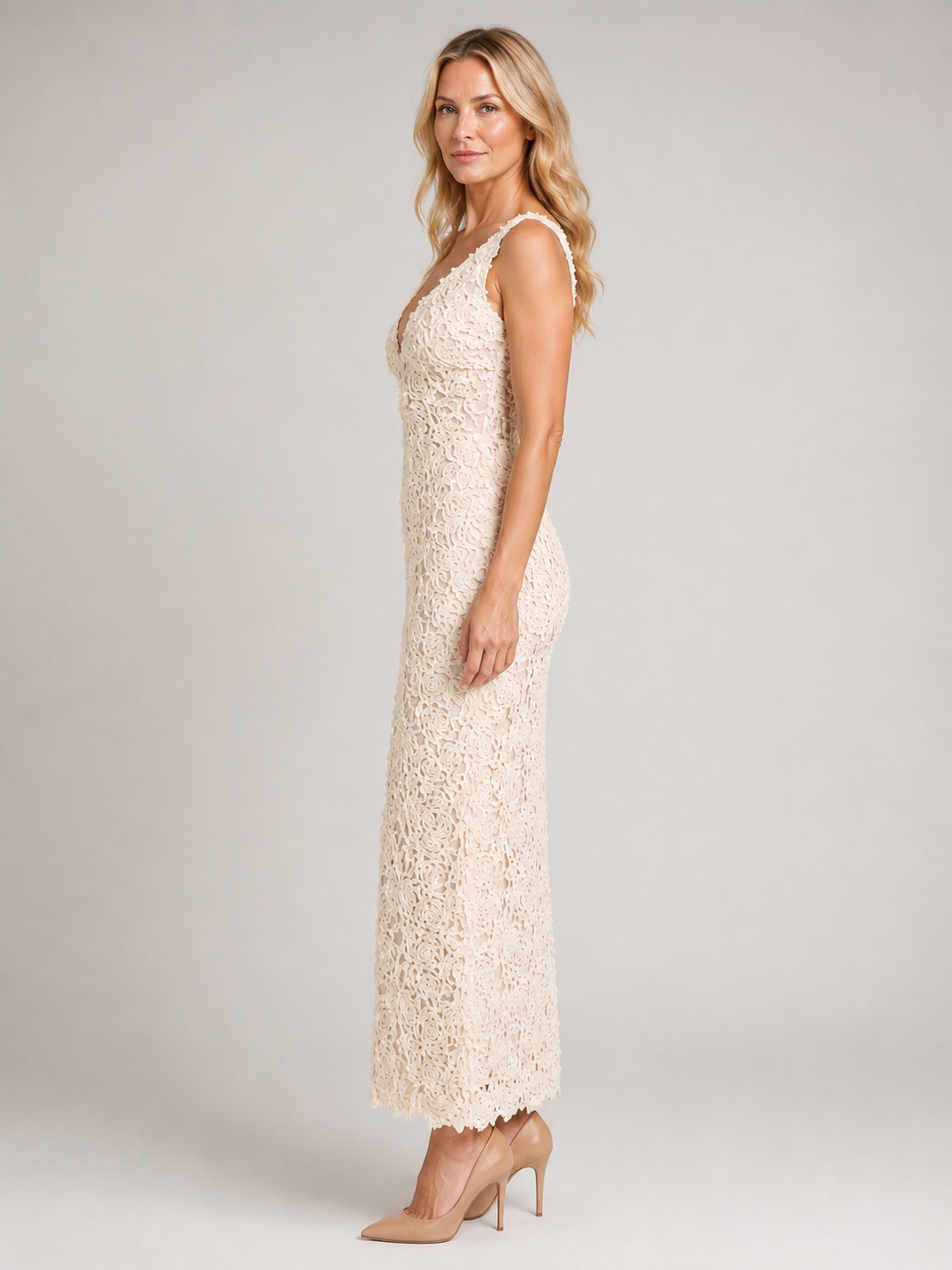 Women’s Elegant Floral Lace Midi Dress with Deep V-Neck-Midi Dress-Lyrasue-White-S-Lyrasue