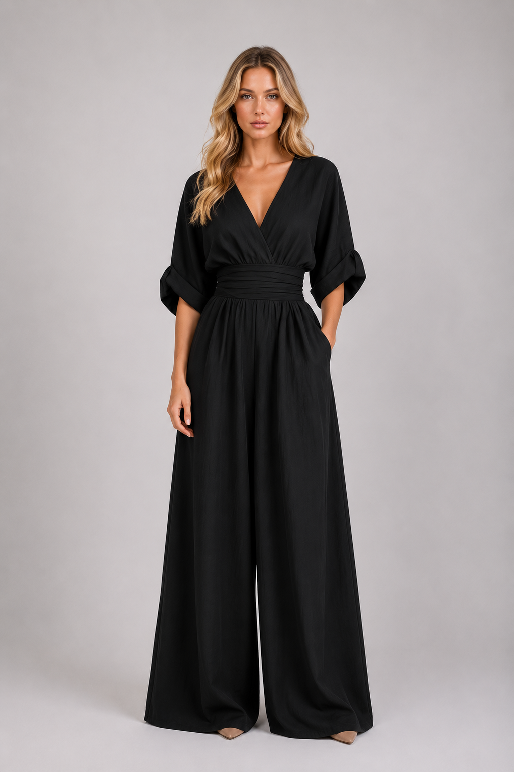 Desha - Women's Jumpsuit with V-Neck, Flowy Cut, and Wide Legs-Lyrasue-Black-S-Lyrasue