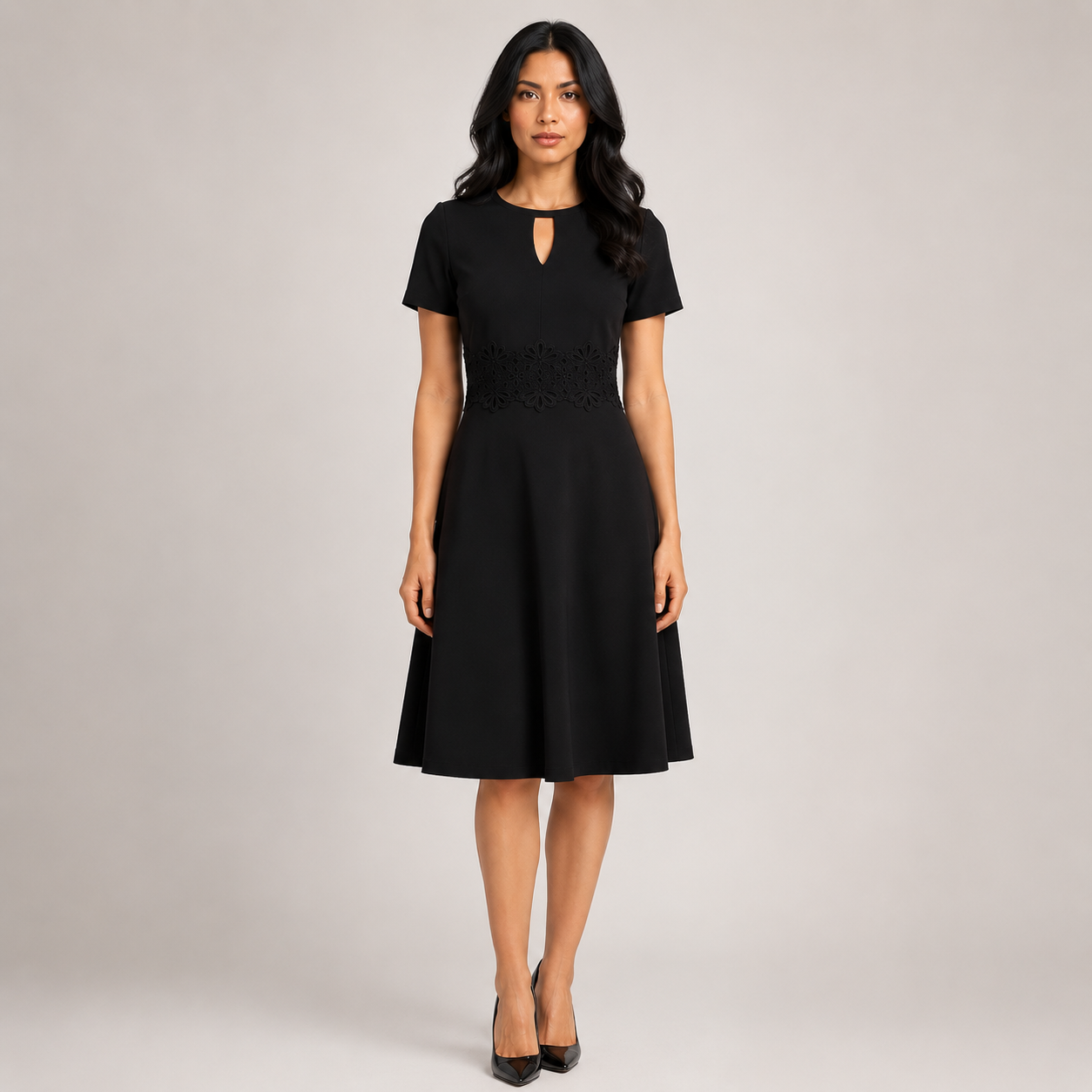 Piper - Women’s Elegant Lace Wedding Guest Midi Dress with Defined Waist-Women's Dress-Lyrasue-Black-S-Lyrasue