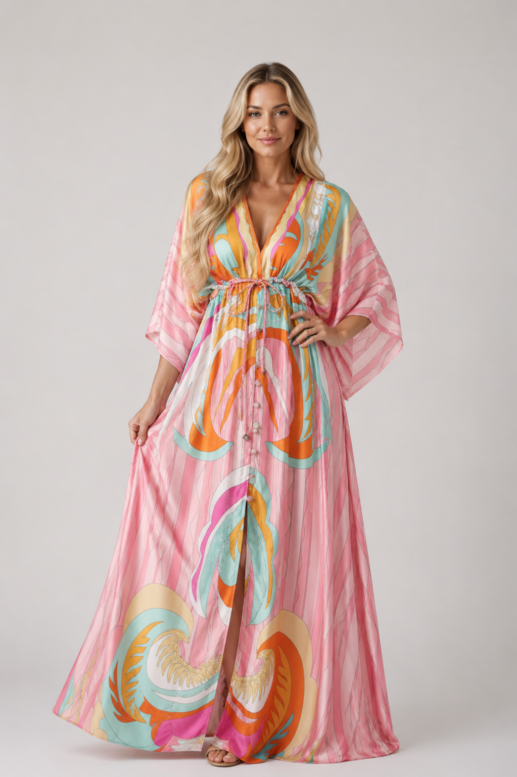 Ember - Women's Printed Kaftan Maxi Dress-Women’s Maxi Dress-Lyrasue-Pink-S-Lyrasue