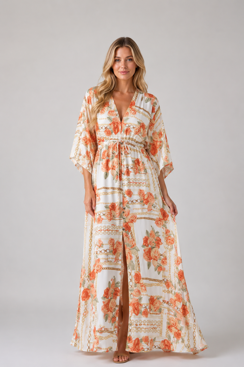 Ember - Women's Printed Kaftan Maxi Dress-Women’s Maxi Dress-Lyrasue-Apricot-S-Lyrasue