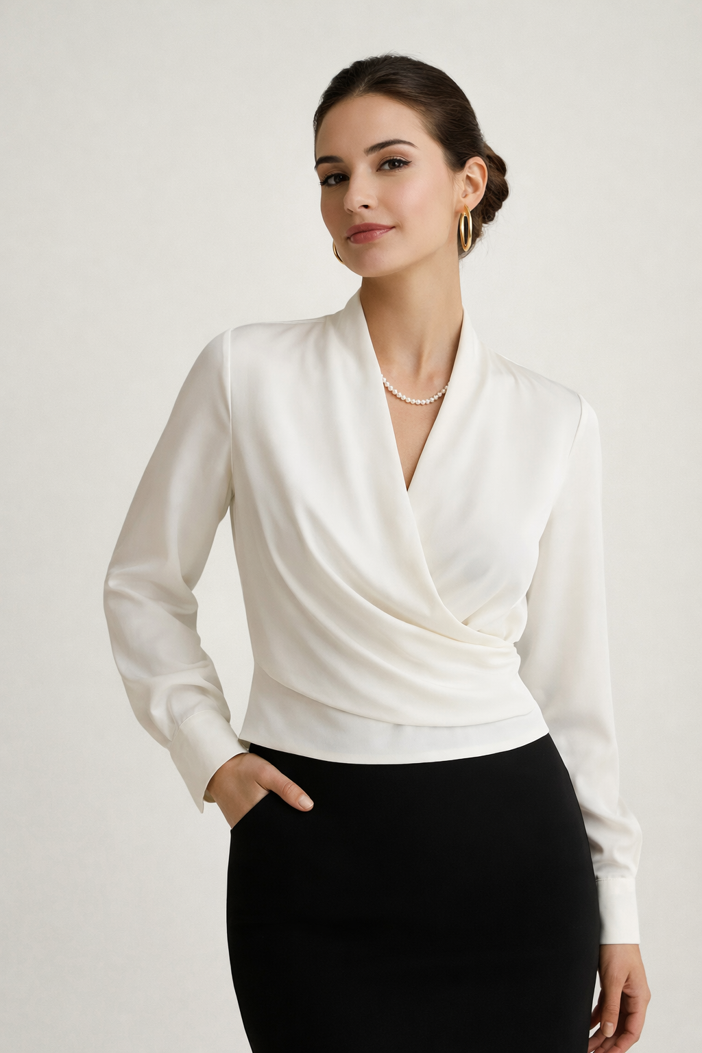 Erin – Women's Satin V-Neck Long Sleeve Blouse-Blouses-Lyrasue-White-S-Lyrasue