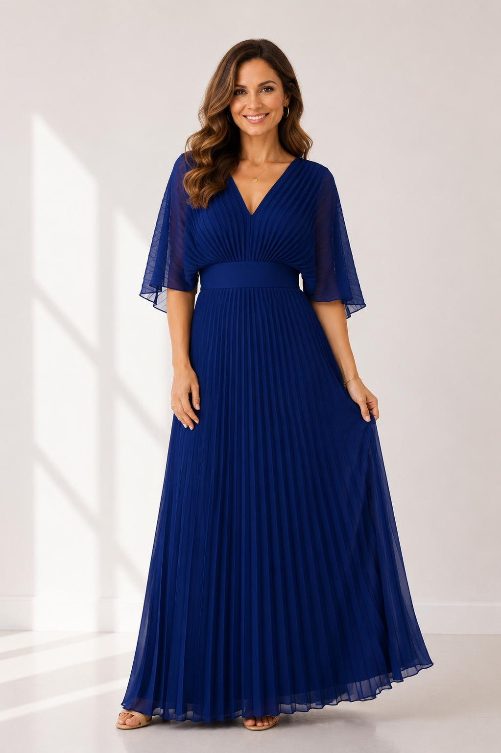 Everleigh - Women's Elegant V Neck Pleated Maxi Dress-Maxikleider-Lyrasue-Blue-XS-Lyrasue