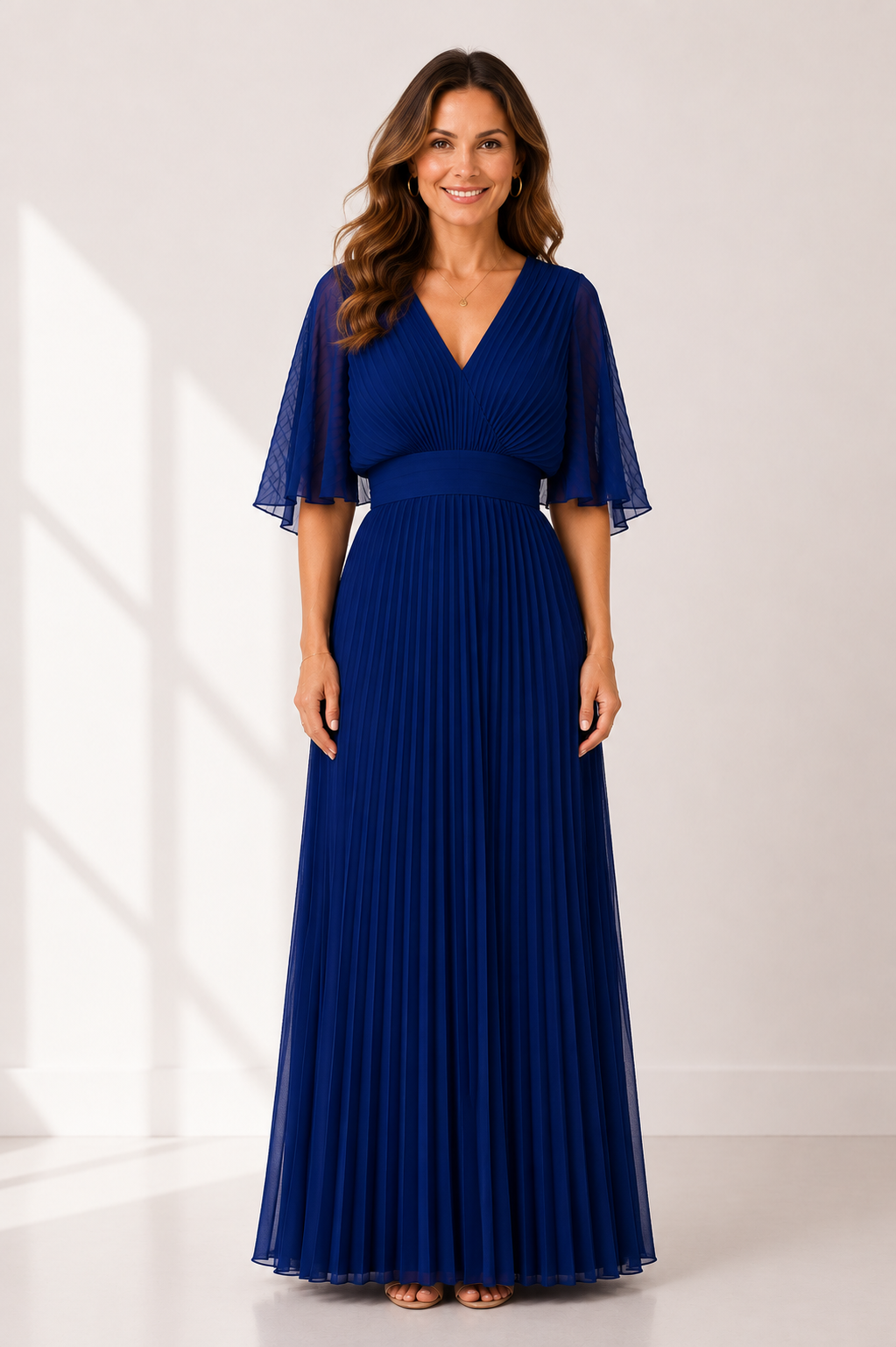 Everleigh - Women's Elegant V Neck Pleated Maxi Dress-Maxikleider-Lyrasue-Blue-XS-Lyrasue