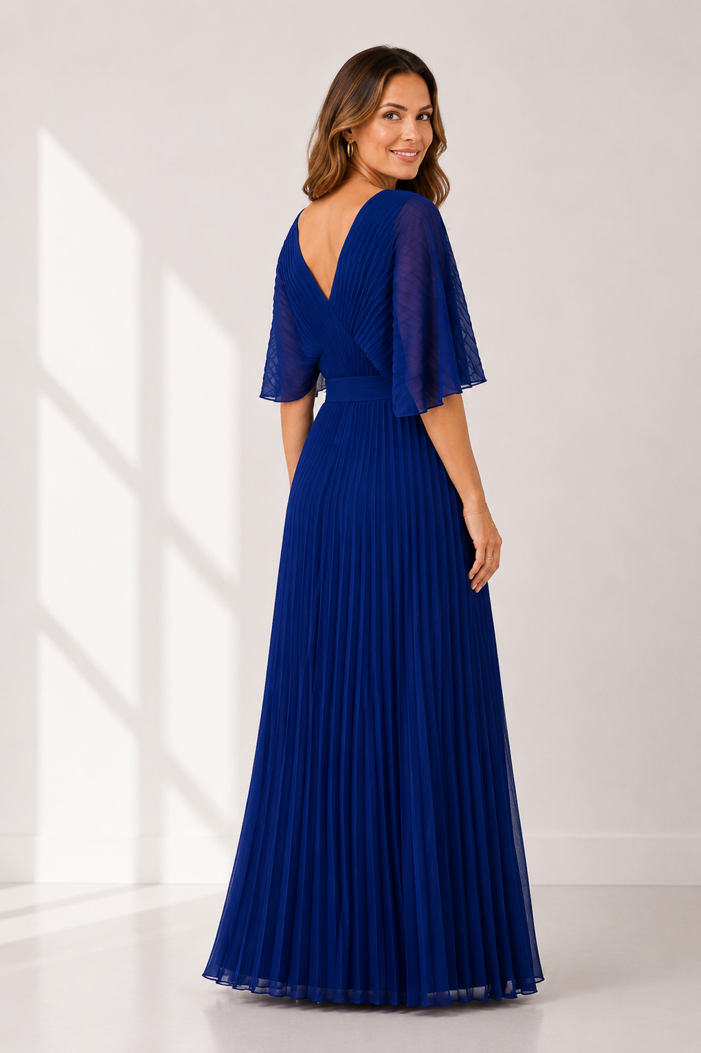 Everleigh - Women's Elegant V Neck Pleated Maxi Dress-Maxikleider-Lyrasue-Blue-XS-Lyrasue