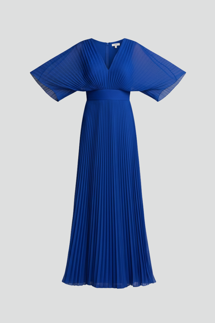 Everleigh - Women's Elegant V Neck Pleated Maxi Dress-Maxikleider-Lyrasue-Blue-XS-Lyrasue