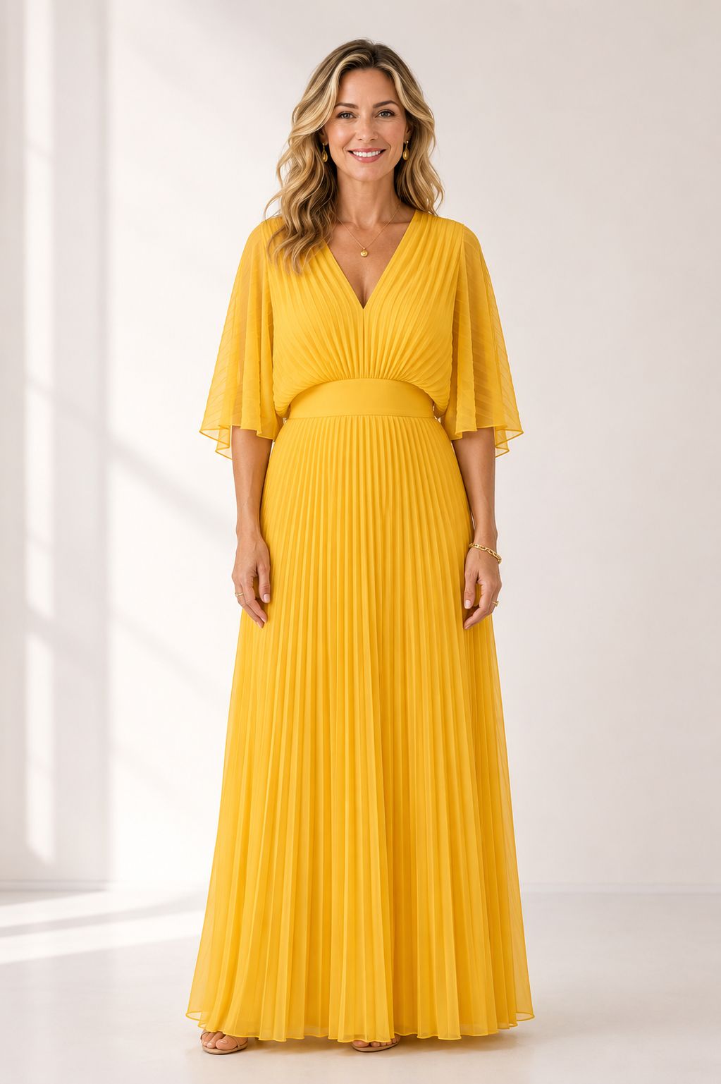 Everleigh - Women's Elegant V Neck Pleated Maxi Dress-Maxikleider-Lyrasue-Yellow-XS-Lyrasue