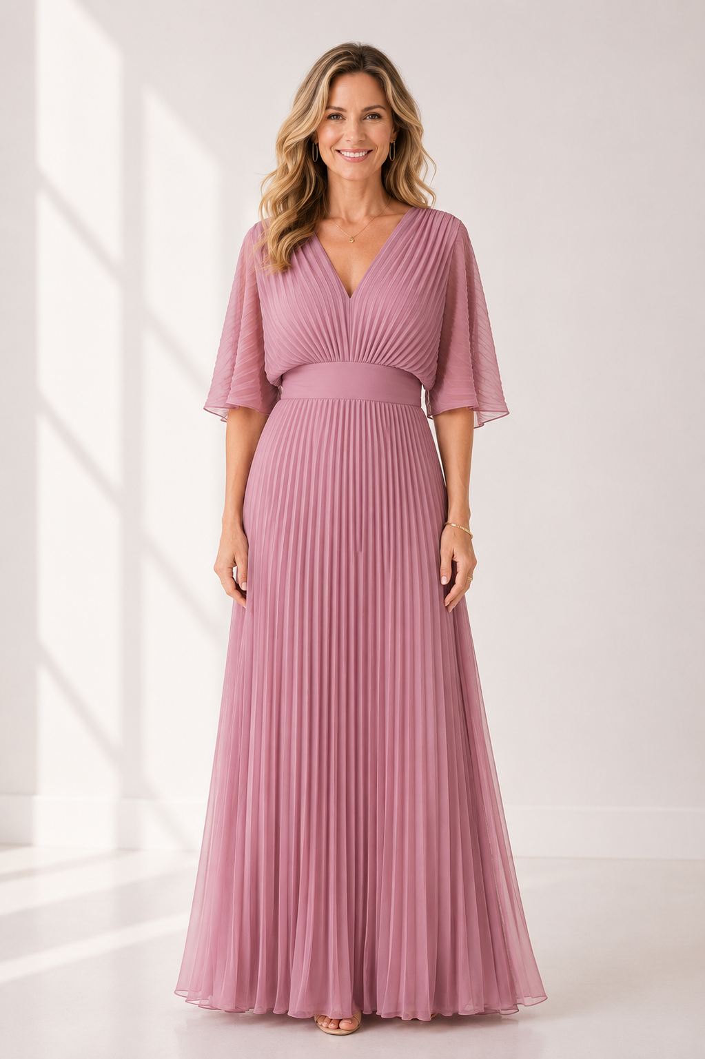 Everleigh - Women's Elegant V Neck Pleated Maxi Dress-Maxikleider-Lyrasue-Pink-XS-Lyrasue