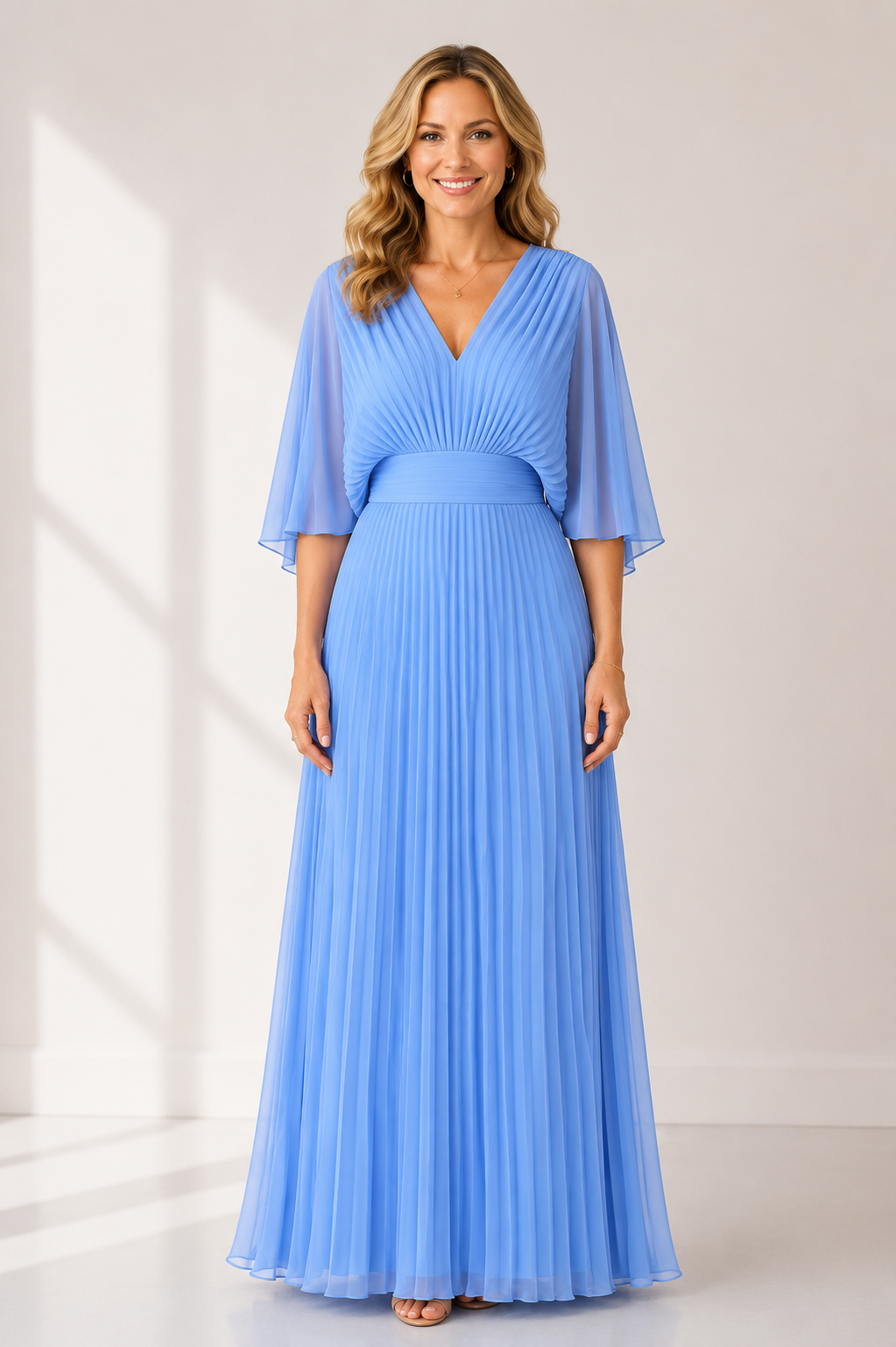 Everleigh - Women's Elegant V Neck Pleated Maxi Dress-Maxikleider-Lyrasue-Light Blue-XS-Lyrasue