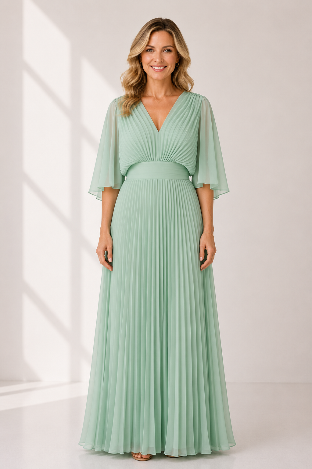 Everleigh - Women's Elegant V Neck Pleated Maxi Dress-Maxikleider-Lyrasue-Green-XS-Lyrasue