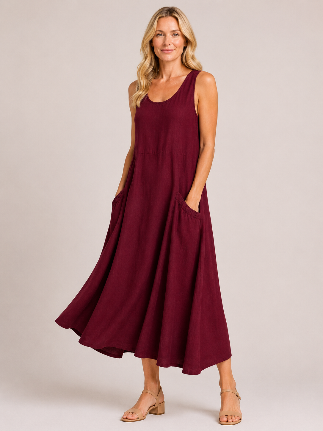 Melody - Women’s Lightweight Cotton Summer Midi Dress with Pockets-Mode Femme Robe-Lyrasue-Red wine-S-Lyrasue
