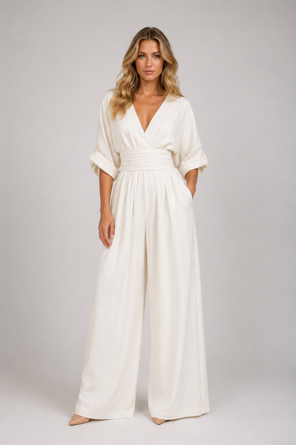 Desha - Women's Jumpsuit with V-Neck, Flowy Cut, and Wide Legs-Lyrasue-White-S-Lyrasue