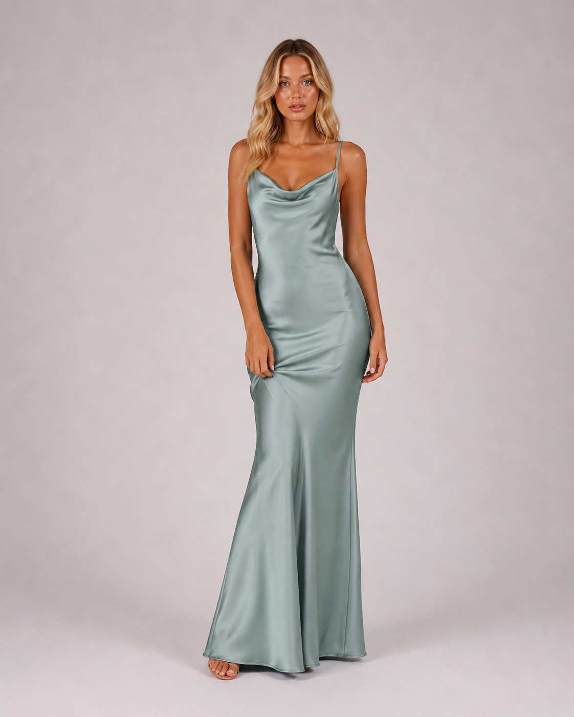 Flare - Women's Wedding Guest Satin Maxi Dress With Open Back-Dress-Lyrasue-Light green-S-Lyrasue