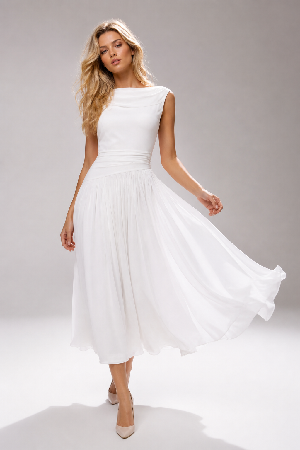 Willow - Women's Draped Pleated Summer Wedding Guest Midi Dress-Sleeveless Maxi Dress-Lyrasue-White-XS-Lyrasue