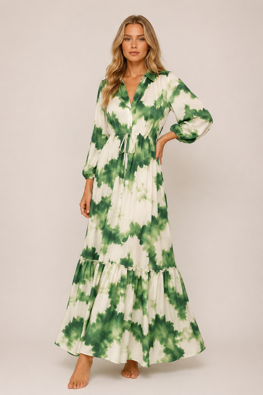 Loes - Women’s Green Maxi Dress With V-Neck And Long Sleeve-SS - Womens Dresses-Lyrasue-Green-XS-Lyrasue