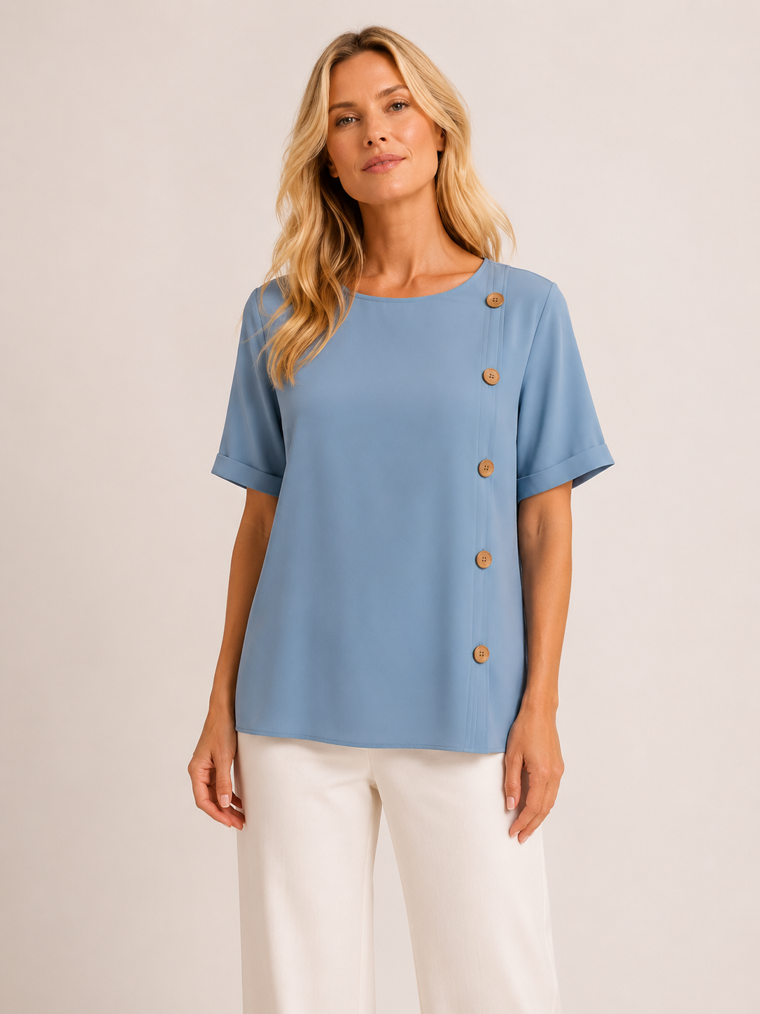 Cecillia - Women’s Short Sleeve Loose Fit Blouse with Side Button Detail-Women’s Blouse-Lyrasue-Blue-S-Lyrasue