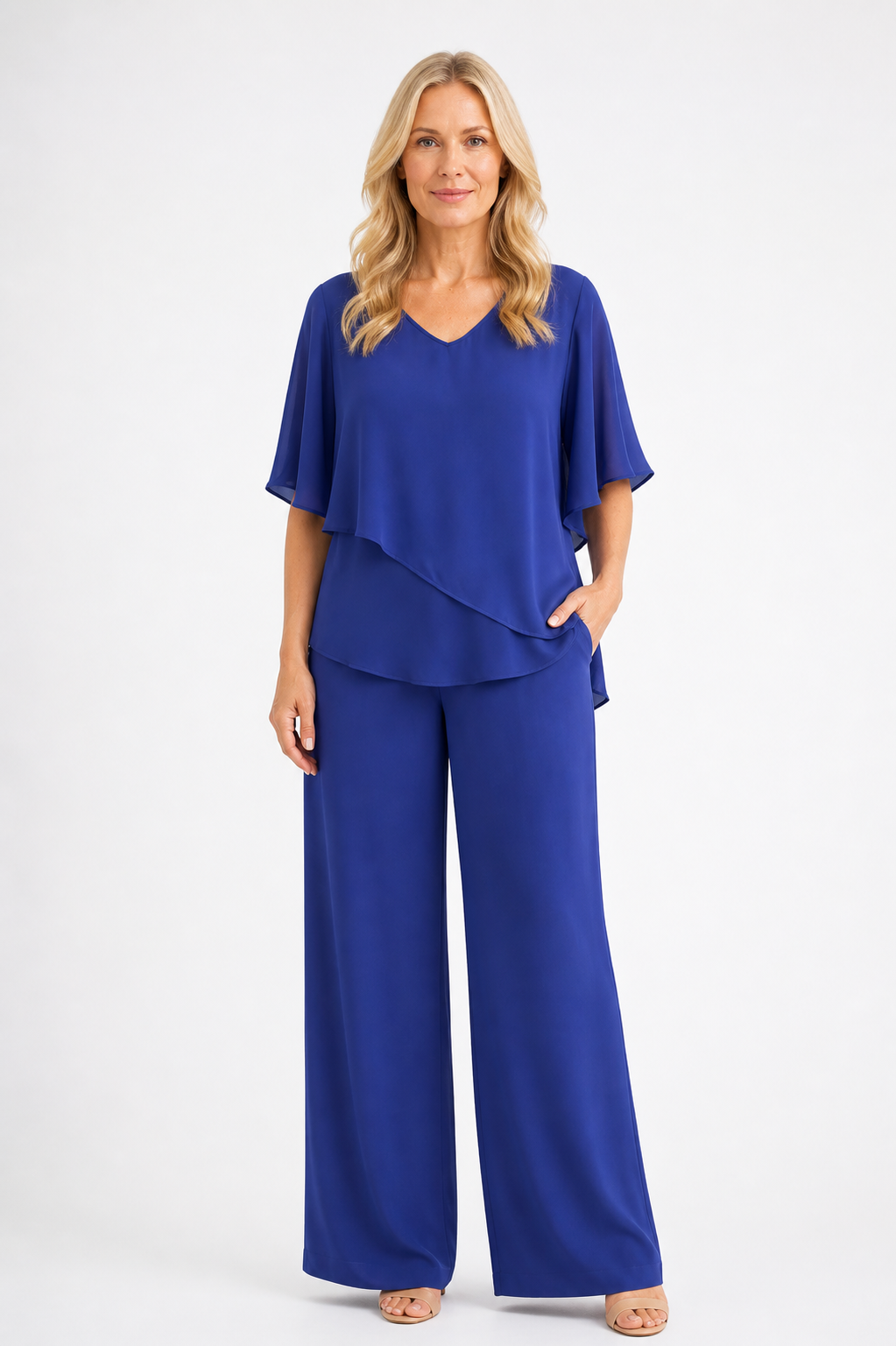 Nareily - Women’s Two Piece Set with V-Neck Batwing Top and Wide Leg Trousers-2 Piece Set-Lyrasue-Blue-XS-Lyrasue