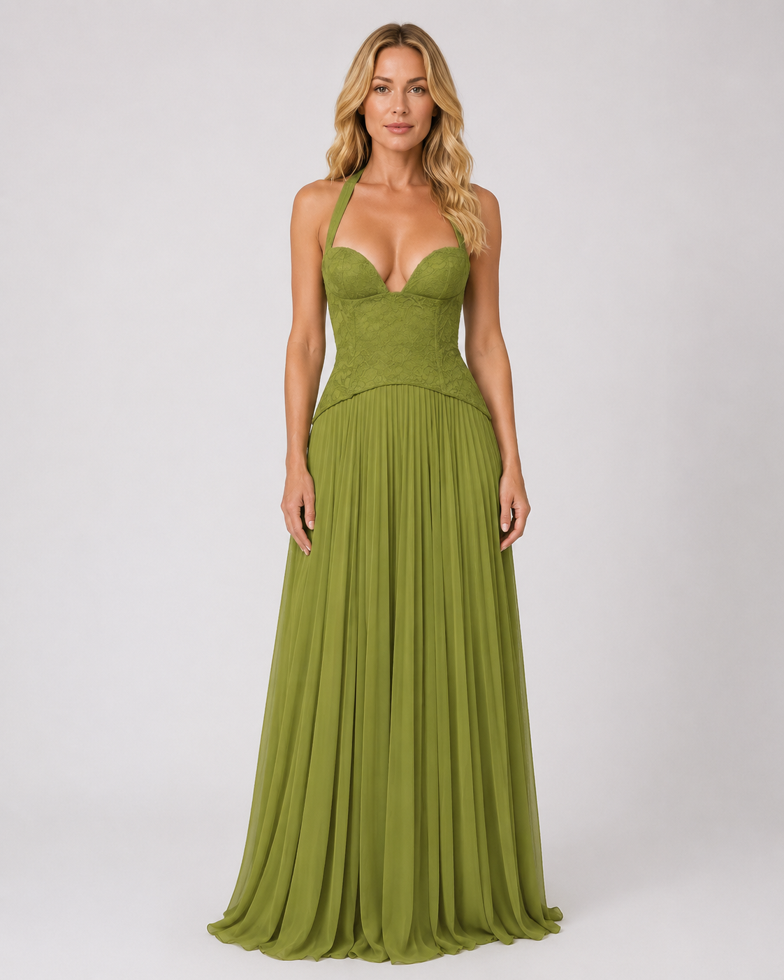 Felicity - Women’s Pleated Halter Maxi Dress with Lace Bodice-Maxi Dress-Lyrasue-XS-Lyrasue